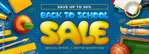 Back to School horizontal advertising banner about sale with school stationery and supplies, felt pens, colored paper, pencil, notebook and other on blue checkered background. Vector illustration.