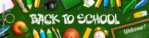 Back to School horizontal banner with school stationery and supplies. Lettering Back to school hand drawn by chalk. Seamless pattern with education subjects on background. Vector illustration.