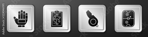 Set Hockey glove, Planning strategy, Whistle and Air hockey table icon. Silver square button. Vector
