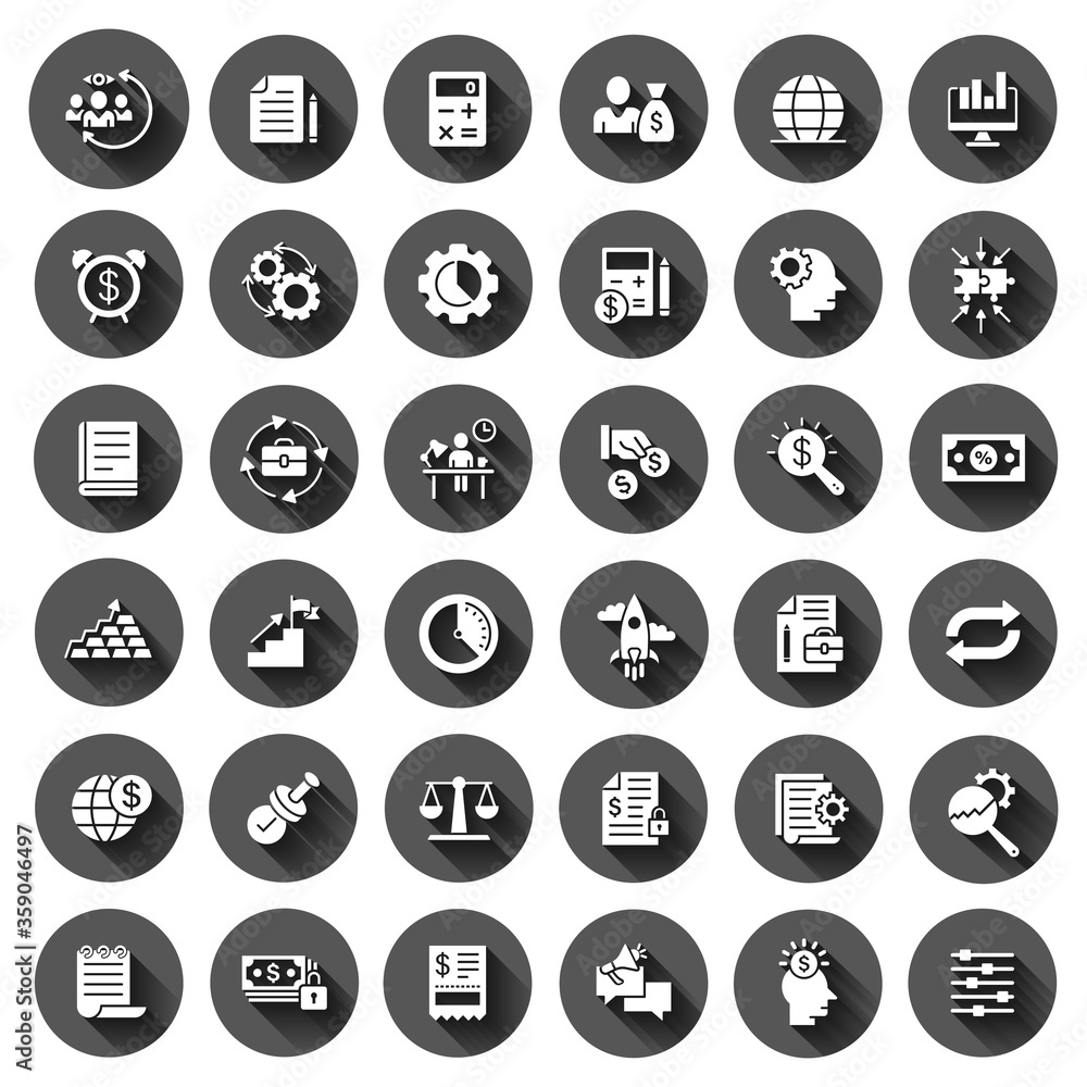 Business icon set in flat style. Money, people, document vector illustration on black round background with long shadow effect. Freelancer diagram circle button business concept. Business icon set in flat style. Money, people, document vector illustration on black round background with long shadow effect. Freelancer diagram circle button business concept.