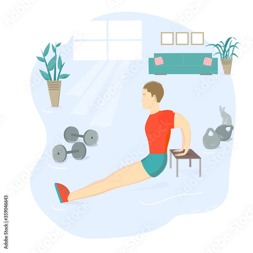 Various types of exercises for men. Classes with dumbbells, a kettlebell, with a barbell, with a wheel for the press, on the horizontal bar, push-ups. The concept of supporting a healthy lifestyle. Ke