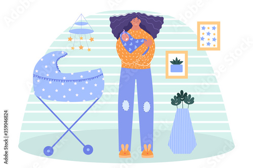 Sad woman holding a crying baby. The concept of postpartum depression. Vector illustration.
