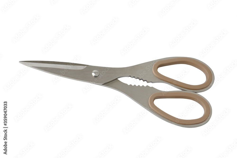 Kitchen stainless steel scissors closed, on a white background Kitchen stainless steel scissors closed, on a white background