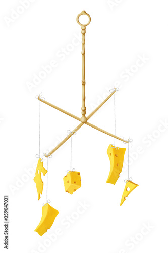 Baby mobile with sliced ​​pieces of cheese. Tasty clip art on white background