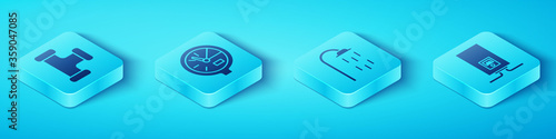 Set Isometric Industry metallic pipe, Water meter, Gas boiler with a burning fire and Shower icon. Vector