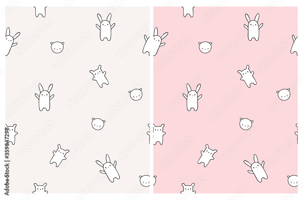 Obraz premium Cute Hand Drawn White Toys Seamless Vector Pattern. Lovely Nursery Art with Bears, Bunnies and Cats isoalted on a Light Cream and Pastel Pink Background. Funny Infantile Style Print.
