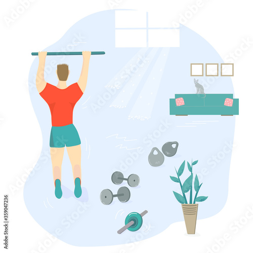 Various types of exercises for men. Classes with dumbbells, a kettlebell, with a barbell, with a wheel for the press, on the horizontal bar, push-ups. The concept of supporting a healthy lifestyle. Ke