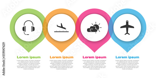 Set Headphones with microphone, Plane landing, Sun and cloud weather and Plane. Business infographic template. Vector