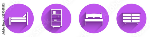 Set Bed, Library bookshelf, Big bed and Chest of drawers icon with long shadow. Vector