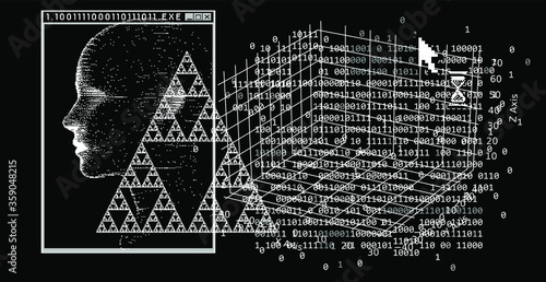 Silhouette of a human made in pixel art style. Conceptual image of AI (artificial intelligence), VR (virtual reality), Deep Learning  and Face recognition systems.