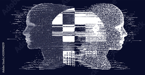 Silhouette of a human made in pixel art style. Conceptual image of AI (artificial intelligence), VR (virtual reality), Deep Learning  and Face recognition systems.
