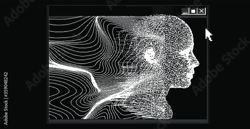 Silhouette of a human made in pixel art style. Conceptual image of AI (artificial intelligence), VR (virtual reality), Deep Learning  and Face recognition systems.