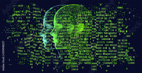 Human head made of particles on binary code background. Cyberpunk style illustration. photo