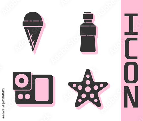 Set Starfish, Ice cream in waffle cone, Photo camera and Bottle of water icon. Vector