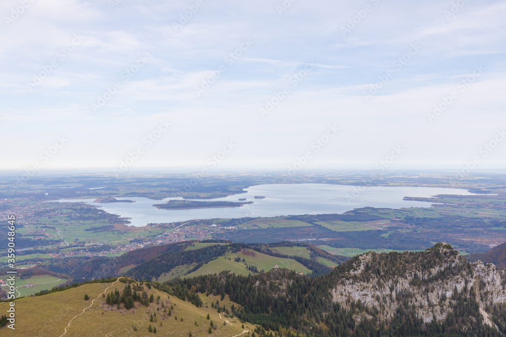 aerial view of lake Chiemsee seen from Mountain Kampenwand