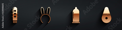 Set Dildo vibrator, Mask with long bunny ears, Condom and Dildo vibrator icon with long shadow. Vector
