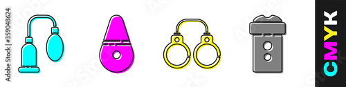 Set Penis pump, Dildo vibrator, Sexy fluffy handcuffs and Vagina masturbator icon. Vector
