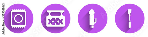 Set Condom in package safe sex, Sex shop, Dildo vibrator and Leather whip icon with long shadow. Vector