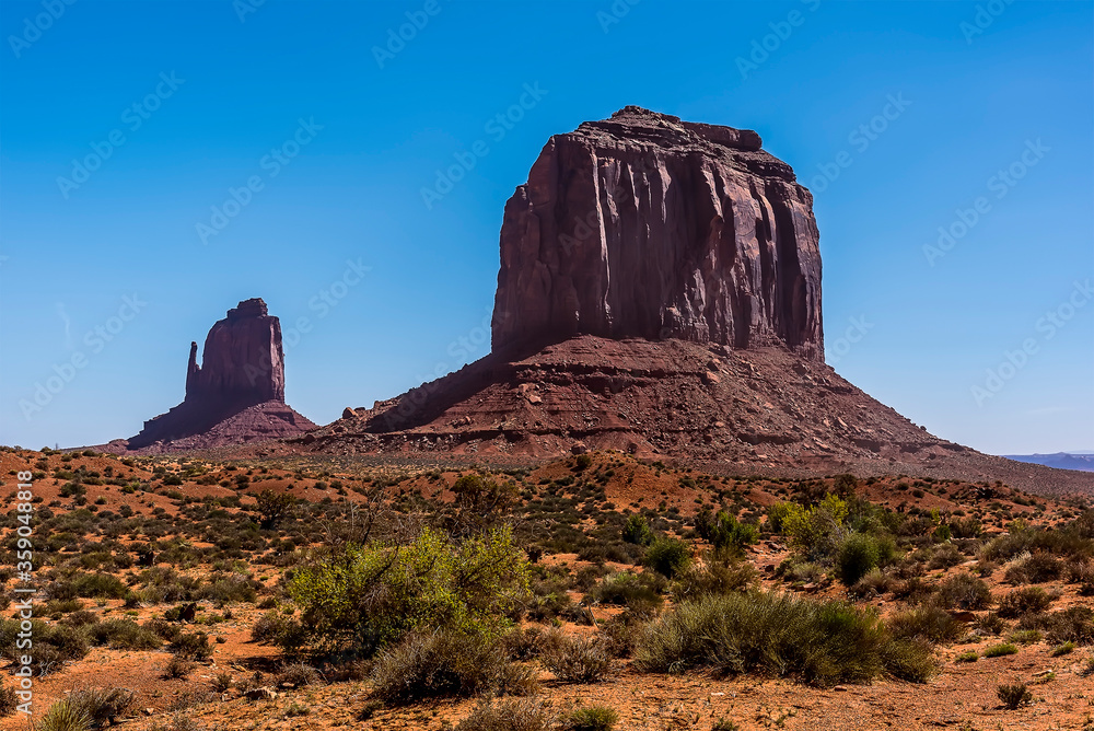 Merrick Butte and East Mitten Butte in Monument Valley tribal park in springtime