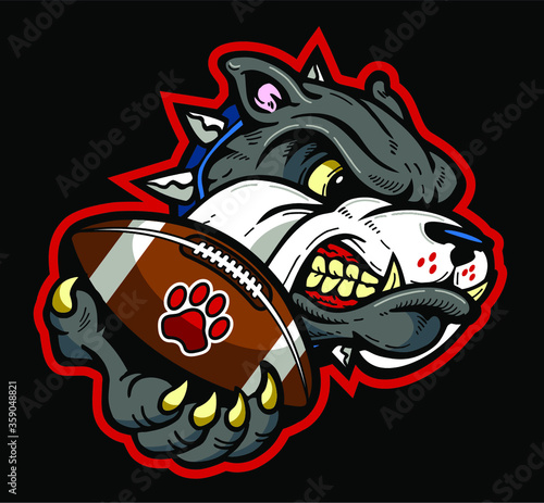 bulldog football team mascot holding ball in paw for school, college or league