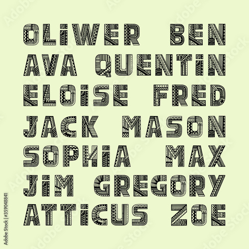 Hand-drawn ornamental names. Beautiful capital letters. All letters alphabet with geometric pattern. Vector set with uppercase patterned letters.