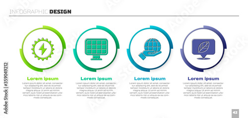Set Solar energy panel, Solar energy panel, Hand holding Earth globe and Location with leaf. Business infographic template. Vector