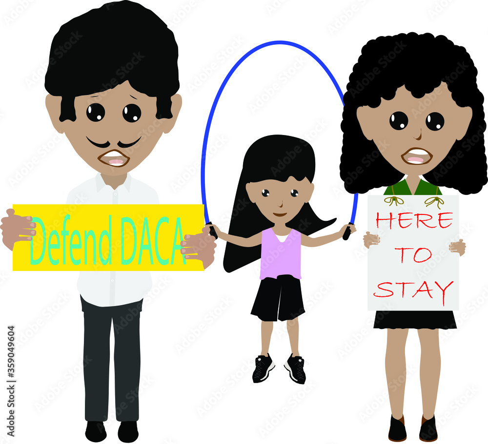Vector Illustration Hispanic FAmily with DACA Slogan Banners over white Vector Illustration Hispanic FAmily with DACA Slogan Banners over white