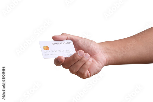 Hand holding credit card isolated on white include clipping path , Online shopping concept.