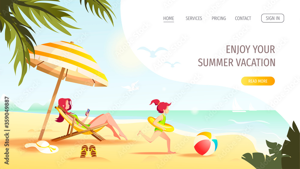 Website design with woman sitting in the sun lounger under a sunshade and girl with rubber ring. Vector Illustration for Beach Holidays, Summer vacation, Leisure, Recreation, Nature.