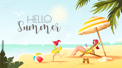 Hello Summer card design with woman sitting in the sun lounger under a sunshade and girl with rubber ring. Vector Illustration for Beach Holidays, Summer vacation, Leisure, Recreation, Nature.