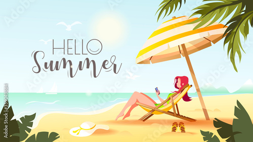 Hello summer card design with woman sitting in the sun lounger under a sunshade. Vector Illustration for Beach Holidays, Summer vacation, Leisure, Recreation, Tourism.
