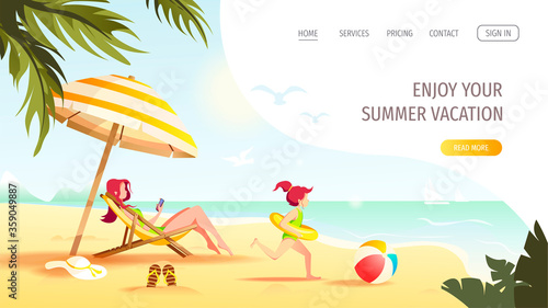 Website design with woman sitting in the sun lounger under a sunshade and girl with rubber ring. Vector Illustration for Beach Holidays, Summer vacation, Leisure, Recreation, Nature.