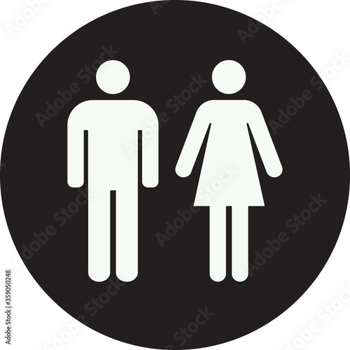Public toilet sign icon. Men, women isolated on White on circle black background.