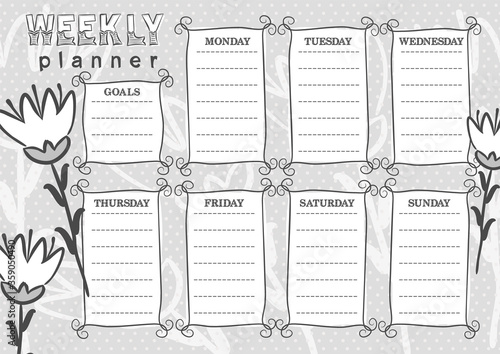 Vintage Template of a weekly planner for 7 days of the week and goals. Vector illustration in doodle styles. Includes hand-drawn flowers.