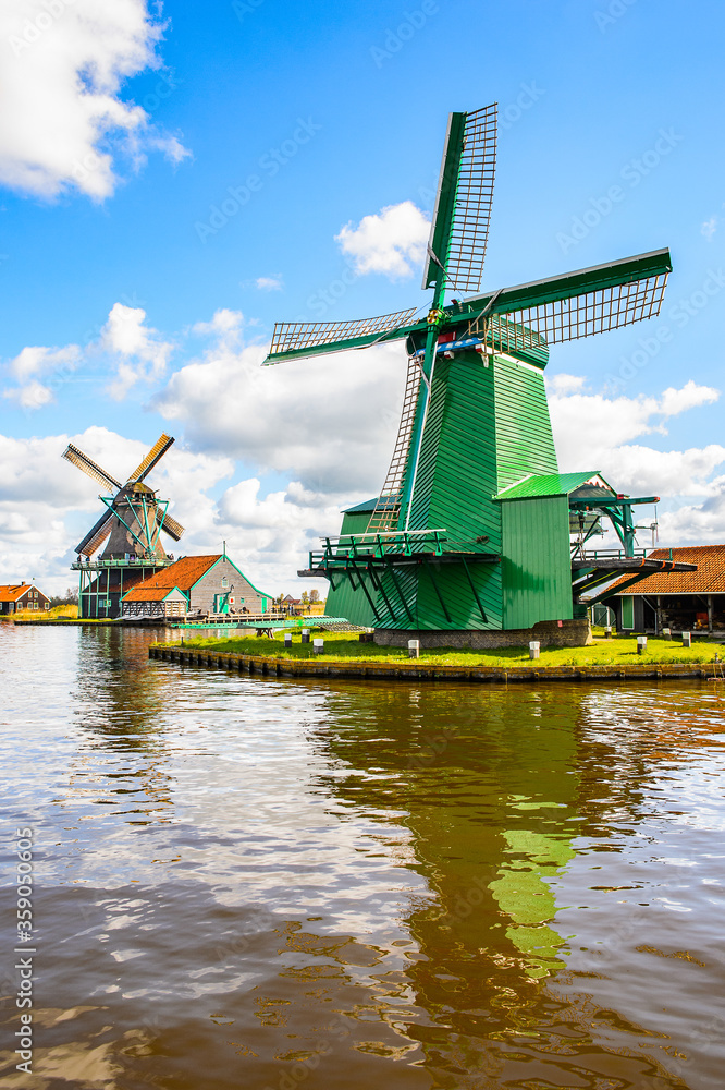 It's Windmills of Zaanse Schans, quiet village in Netherlands, province North Holland