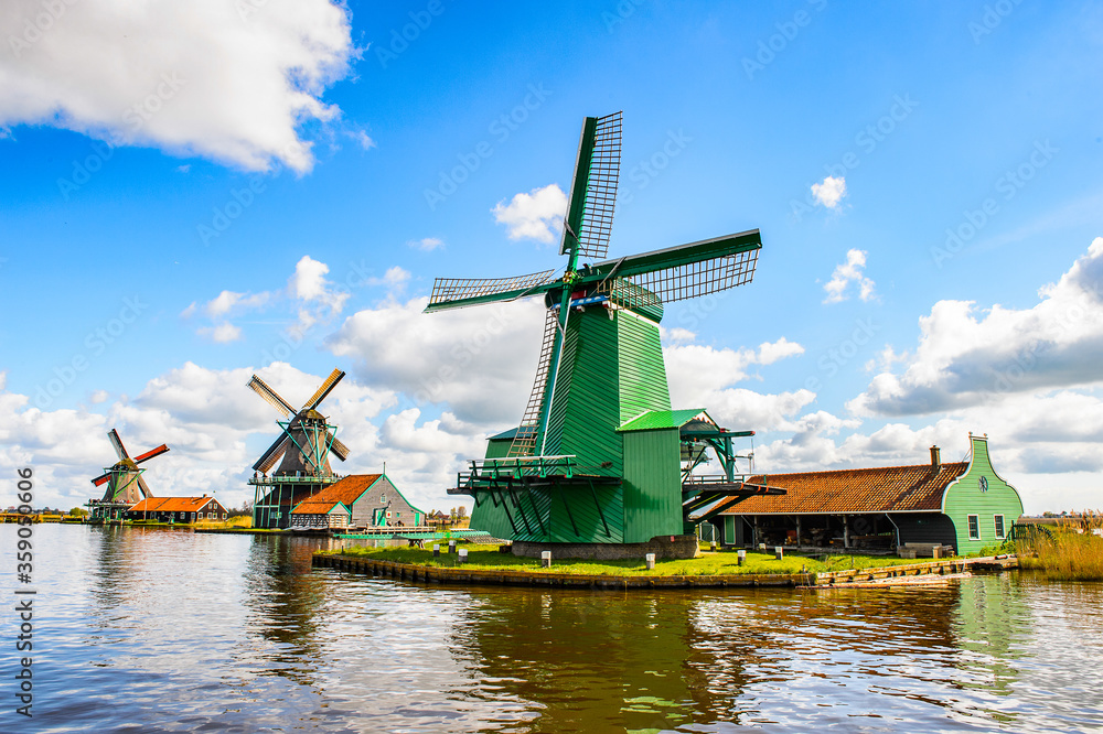 It's Windmills of Zaanse Schans, quiet village in Netherlands, province North Holland