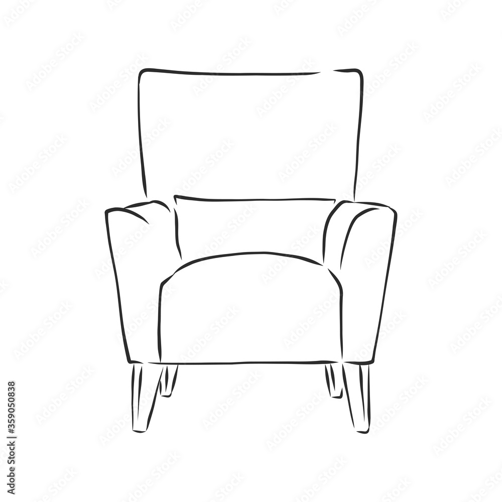 Sketch chair in linear style, outline drawing in black on a white background. Upholstered furniture for sitting, relaxing. Silhouette. vector. upholstered chair, vector sketch illustration Sketch chair in linear style, outline drawing in black on a white background. Upholstered furniture for sitting, relaxing. Silhouette. vector. upholstered chair, vector sketch illustration