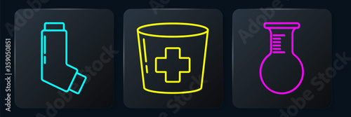 Set line Inhaler, Test tube and flask and Nurse hat with cross. Black square button. Vector