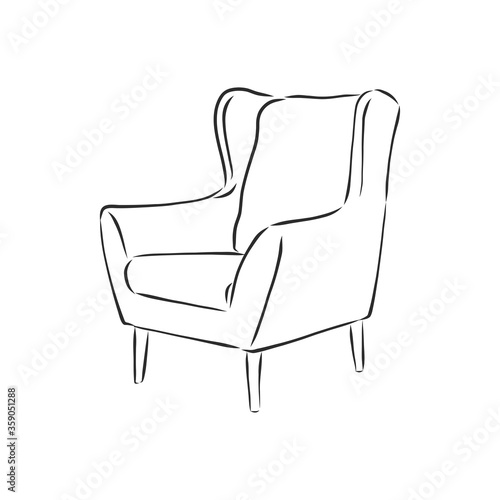 Sketch chair in linear style, outline drawing in black on a white background. Upholstered furniture for sitting, relaxing. Silhouette. vector. upholstered chair, vector sketch illustration
