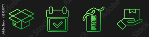 Set line Price tag with Free, Carton cardboard box, Calendar with check mark and Delivery hand with boxes. Gradient color icons. Vector