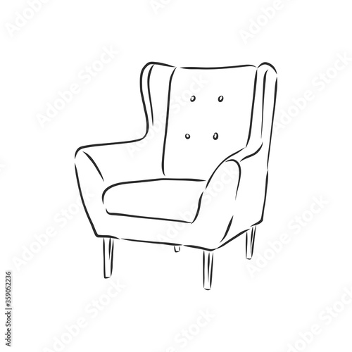Sketch chair in linear style, outline drawing in black on a white background. Upholstered furniture for sitting, relaxing. Silhouette. vector. upholstered chair, vector sketch illustration