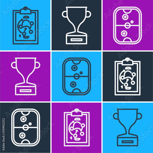 Set line Planning strategy, Air hockey table and Award cup icon. Vector