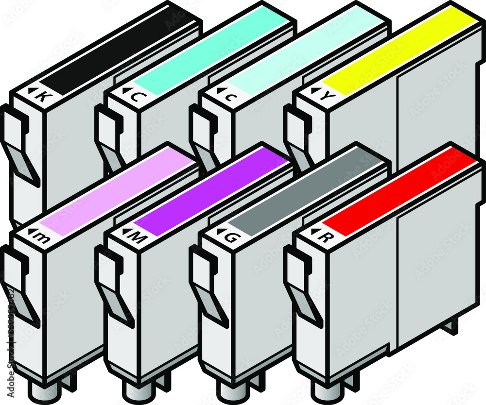 A set of inkjet printer cartridges - individual tanks of cyan, yellow, magenta and black; plus light/pale cyan, light/pale magenta, red and gray - for 8-colour high-fidelity printing. A set of inkjet printer cartridges - individual tanks of cyan, yellow, magenta and black; plus light/pale cyan, light/pale magenta, red and gray - for 8-colour high-fidelity printing.