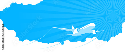 Summer entertaining airplane flight through blue sky with clouds. Space for flyer advertisement text. Illustration, vect
