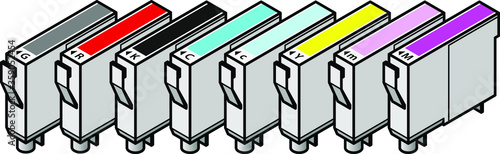 A set of inkjet printer cartridges - individual tanks of cyan, yellow, magenta and black; plus light/pale cyan, light/pale magenta, red and gray - for 8-colour high-fidelity printing.
