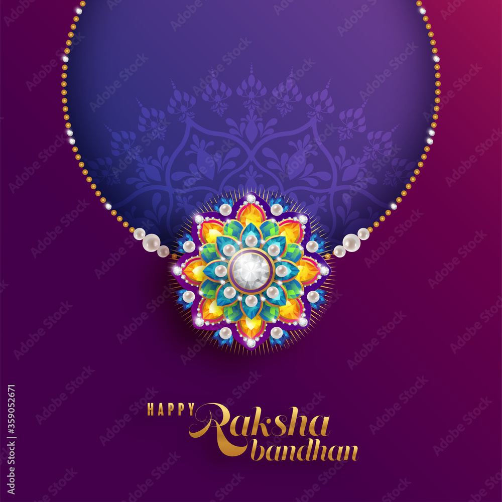 Decorated rakhi for Indian festival Raksha Bandhan Greeting Card ,indian  festival with gold patterned and crystals on paper color Background. Stock  Vector | Adobe Stock