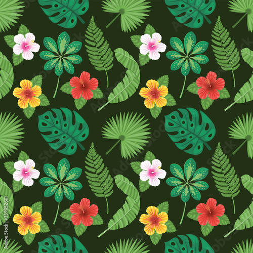 ПечатьSeamless colourful pattern with different tropical plowers and leafs. Vector illustration.
