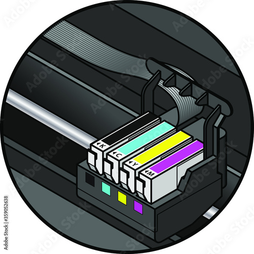 Inkjet printer cartridges installed. individual tanks of cyan, yellow, magenta and black - for 4-color printing.