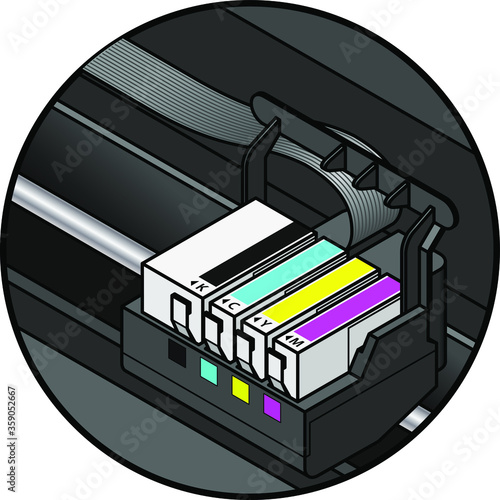 Inkjet printer cartridges being installed. individual tanks of cyan, yellow, magenta and large capacity black - for 4-colour printing.