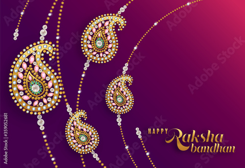 Decorated rakhi for Indian festival Raksha Bandhan Greeting Card ,indian festival with gold patterned and crystals on paper color Background.